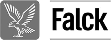 Logo for Falck, der viser en fremadskuende ørn på en grå baggrund til venstre og navnet "Falck" i store, fede bogstaver til højre.